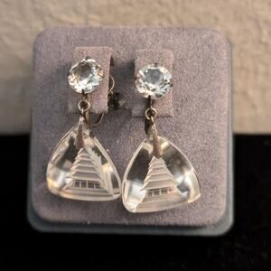 1930s Japanese Sterling Reverse Carved Rock Crystal Quartz Pagoda Earrings